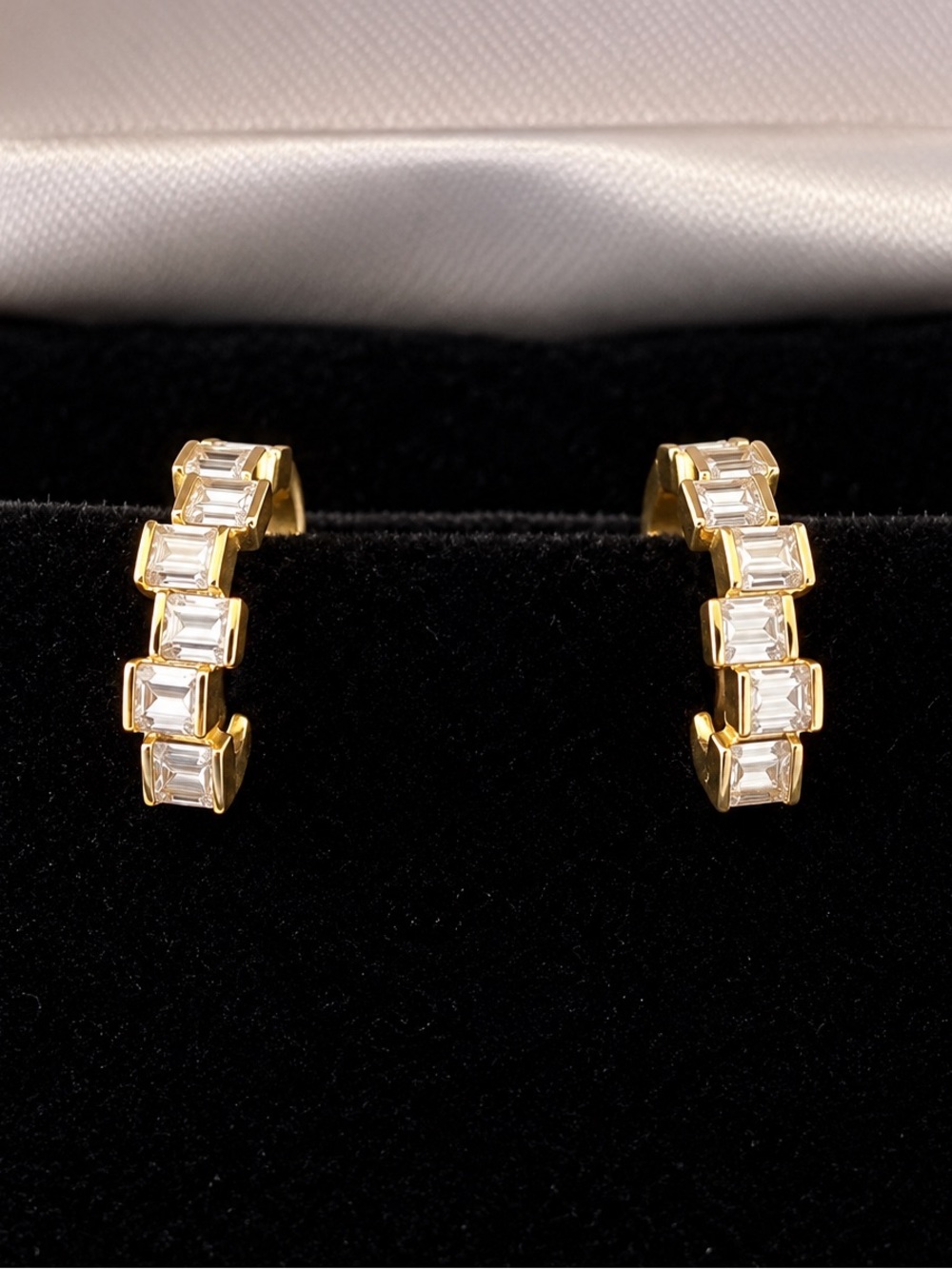 14K Yellow Gold Baguette Diamond Huggie Hoop Earrings